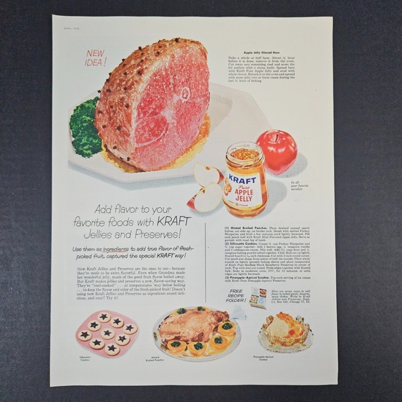1958 Kraft Pure Apple Jelly Recipes Vintage Print Ad Preserves Chicago IL Ham - Picture 1 of 5